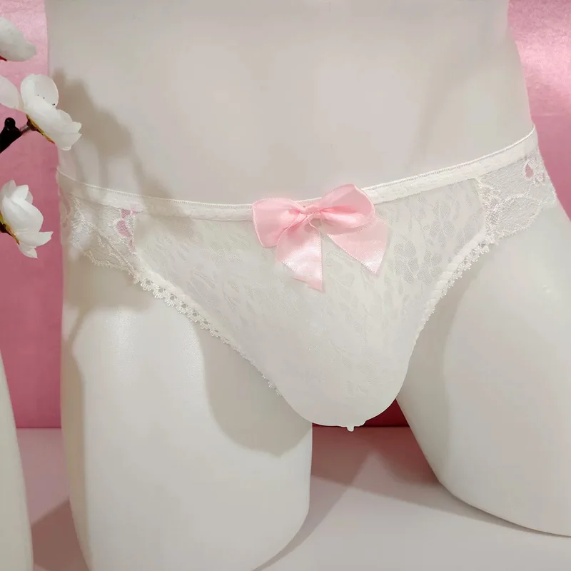

Bow-Knot Sissy Briefs Pink Ice Silk Men's Mesh Sexy Gay Underwear Perspective Male T-Back Panties Lace Thin Thongs Underpants