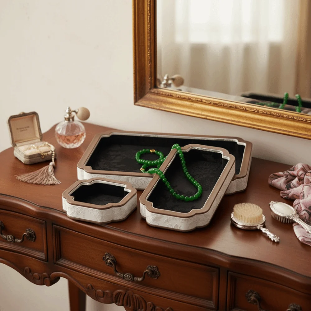 Chinese Vintage Court-Style Jewelry Storage Tray Flower Pattern Satin Surface Jewelry Display Tray Rectangular Jewelry Showcase