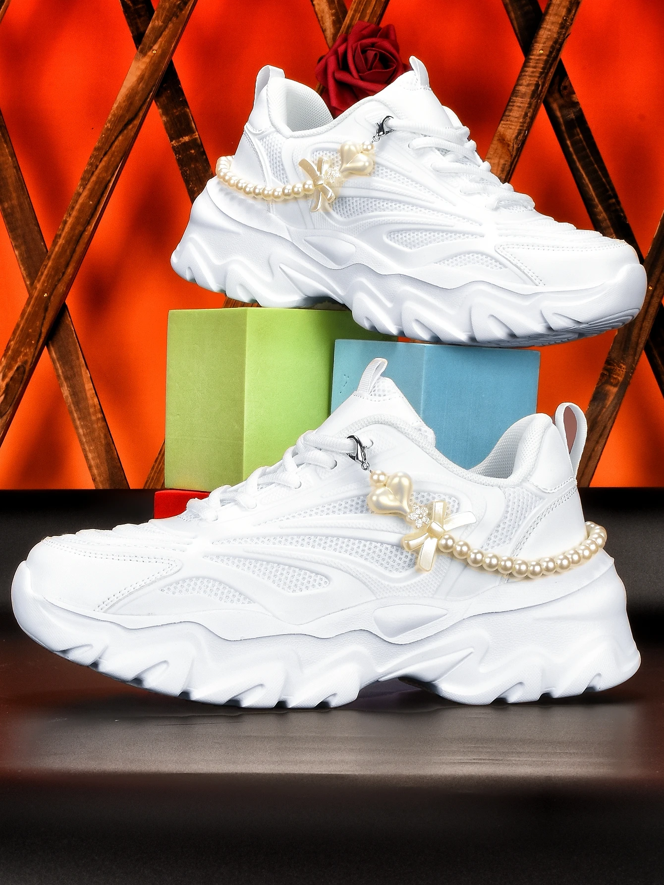 Women's Thick-Soled 5cm Height-Increasing Dad Shoes, Y2K Spicy Girl Style, Fashionable with Heart-Shaped Bow, Pearl Chain Decoration, Breathable Mesh, Eva Irregular Sole, White Casual Sneakers, Trendy for Everyday Outings, Commuting, Unique Design, Student-Friendly, Campus Versatile, Comfortable Sports Shoes for Women - view 3