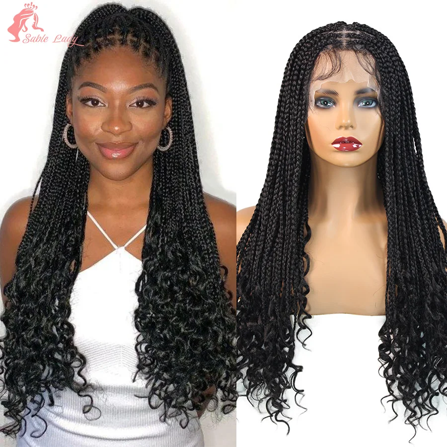 

Synthetic Goddess Knotless Box Braided Wigs With Curls Ends #1B 24 Inches French Cornrows Braids Full Lace Wigs For Black Women