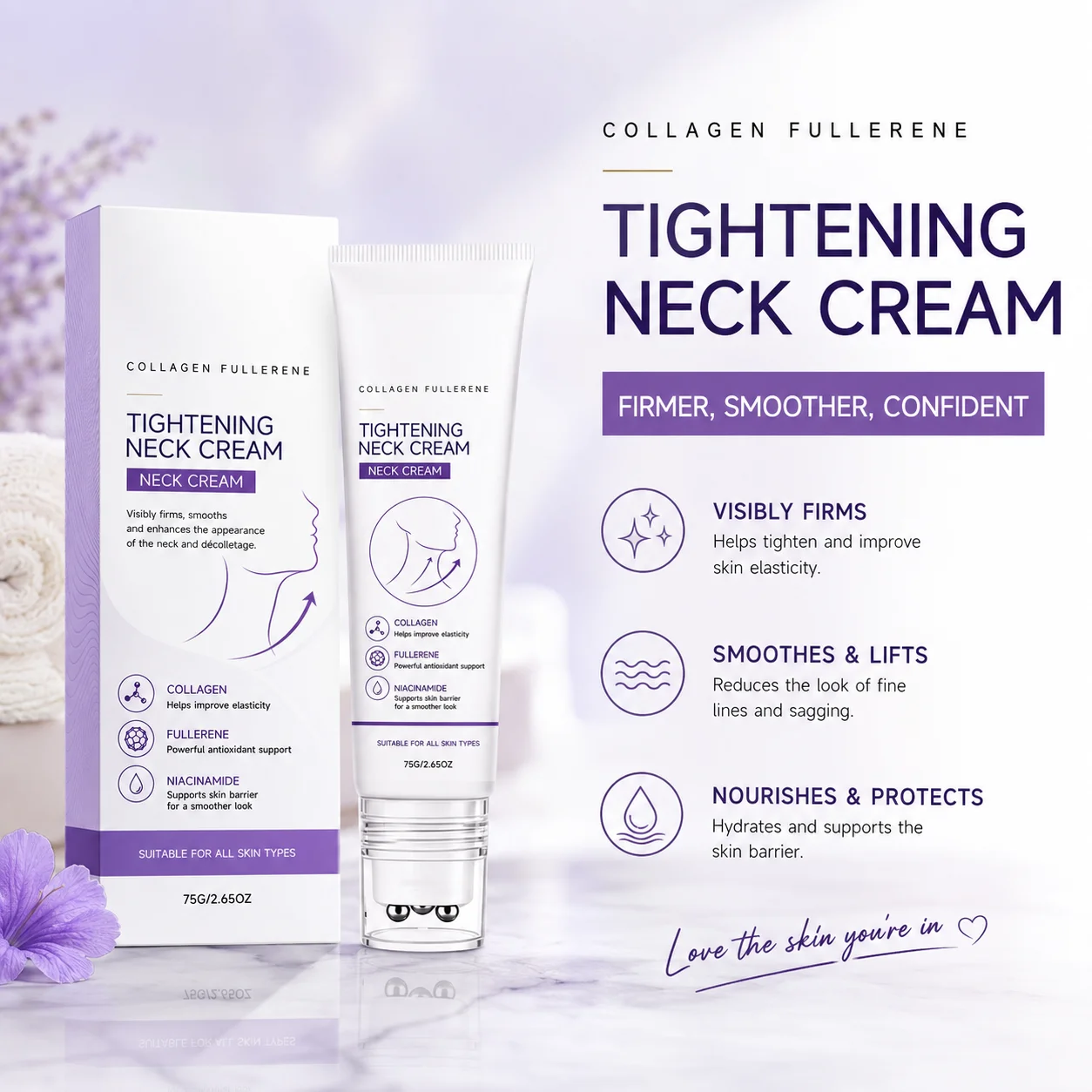 Collagen Firming Neck Cream With Massage Roller Lift Skin Reduce Neck Lines Eliminate Double Chin Collagen Fullerene Neck Cream