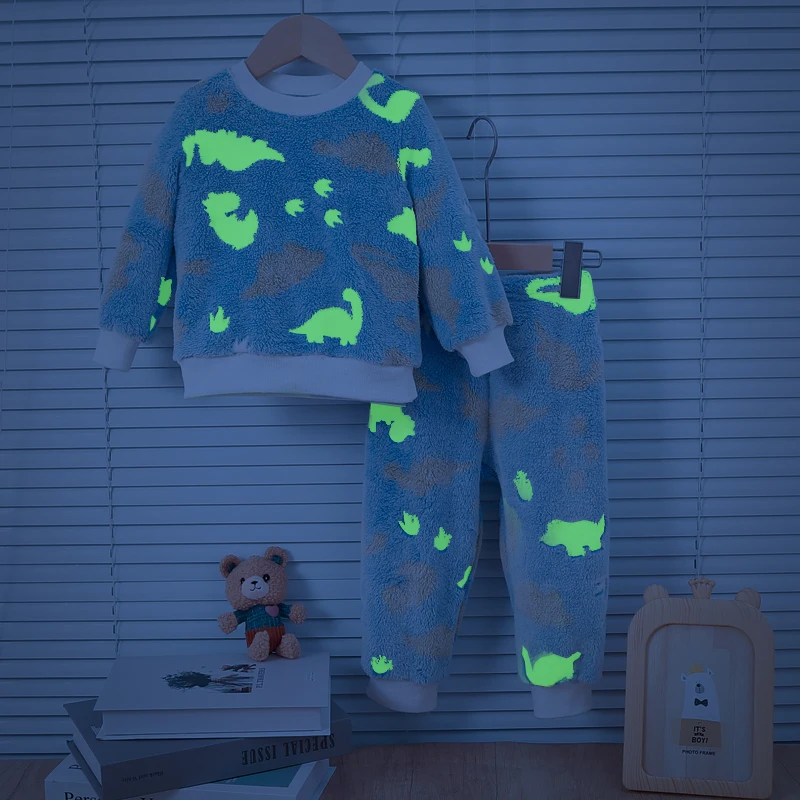 Baby Boys Autumn/Winter Plush Night Fluorescent Home Fur Baby Warm Pajama Set Fashionable and Comfortable Child Accessories