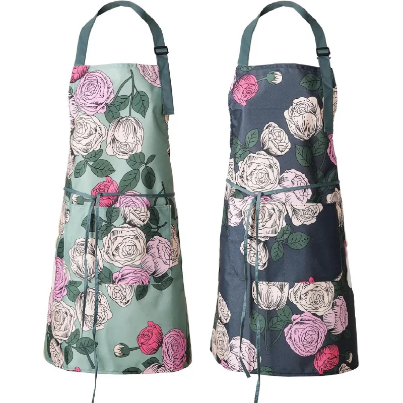 

2 Pack Floral Aprons with Pocket Blooming Womens Waterproof Adjustable Cooking Aprons Kitchen Gardening Salon