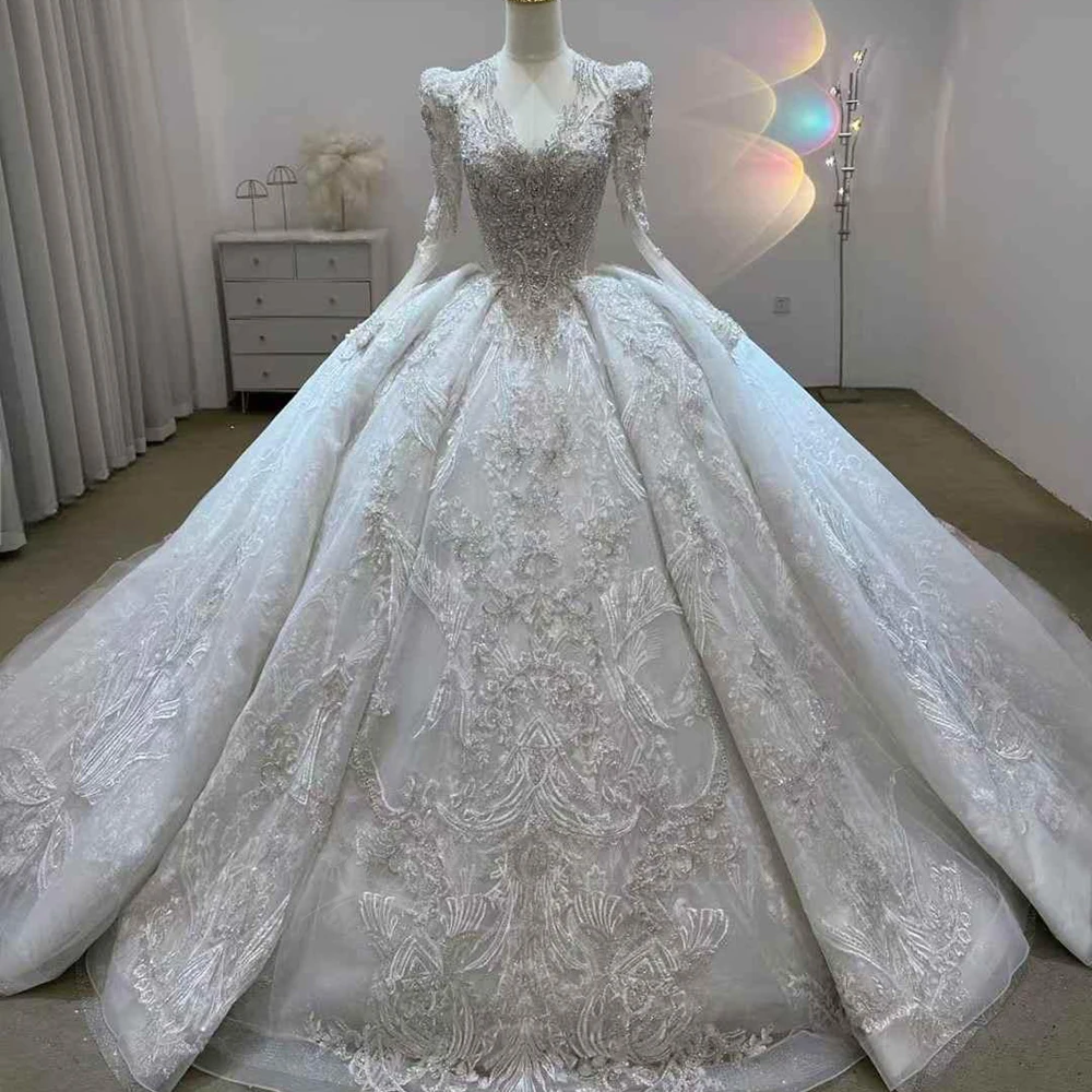 Vestidos De Novia reales con cuello en V, Vestido De Novia De Organza De manga larga hecho a medida, Vestido De Novia personalizado para mujer