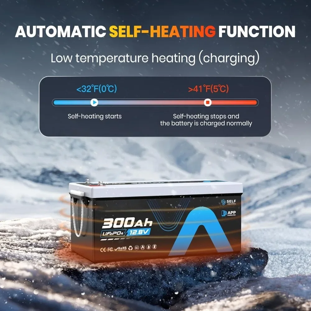 Bateria de lítio Bluetooth LiFePO4 12V 300AH com autoaquecimento, BMS 200A integrado, suporta carregamento de baixa temperatura (4 ° F)