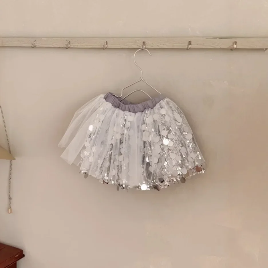 

Girls Sequin Mesh Skirt 2025 Spring New Korean Fashion Silver Sparkling Mesh Short Skirt Girls Clothes