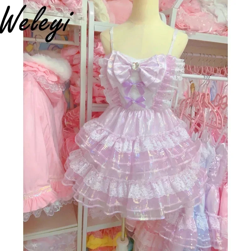 Lolita Kawaii Sling Dress Women\'s Fashion Summer Clothing New Cute Sweet Shiny Pink Bow Rojita A Line Elegant Princess Dresses