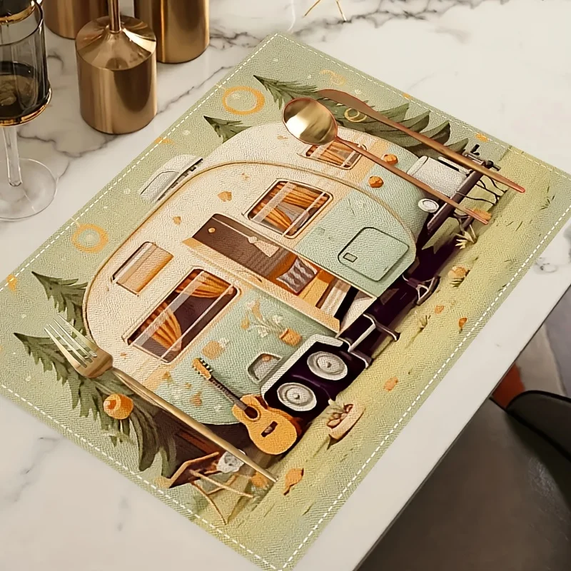 4‑Piece Country‑Style Camping Placemats, Rectangular With Picnic Cart Print, All‑Season Versatile Style.