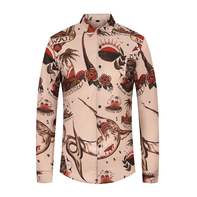 

Hot Selling Trendy Printed Men's Shirts Slim Fit Long Sleeve Casual Shirts Social Nightclub Hawaii Beach Shirt Camisa Masculina