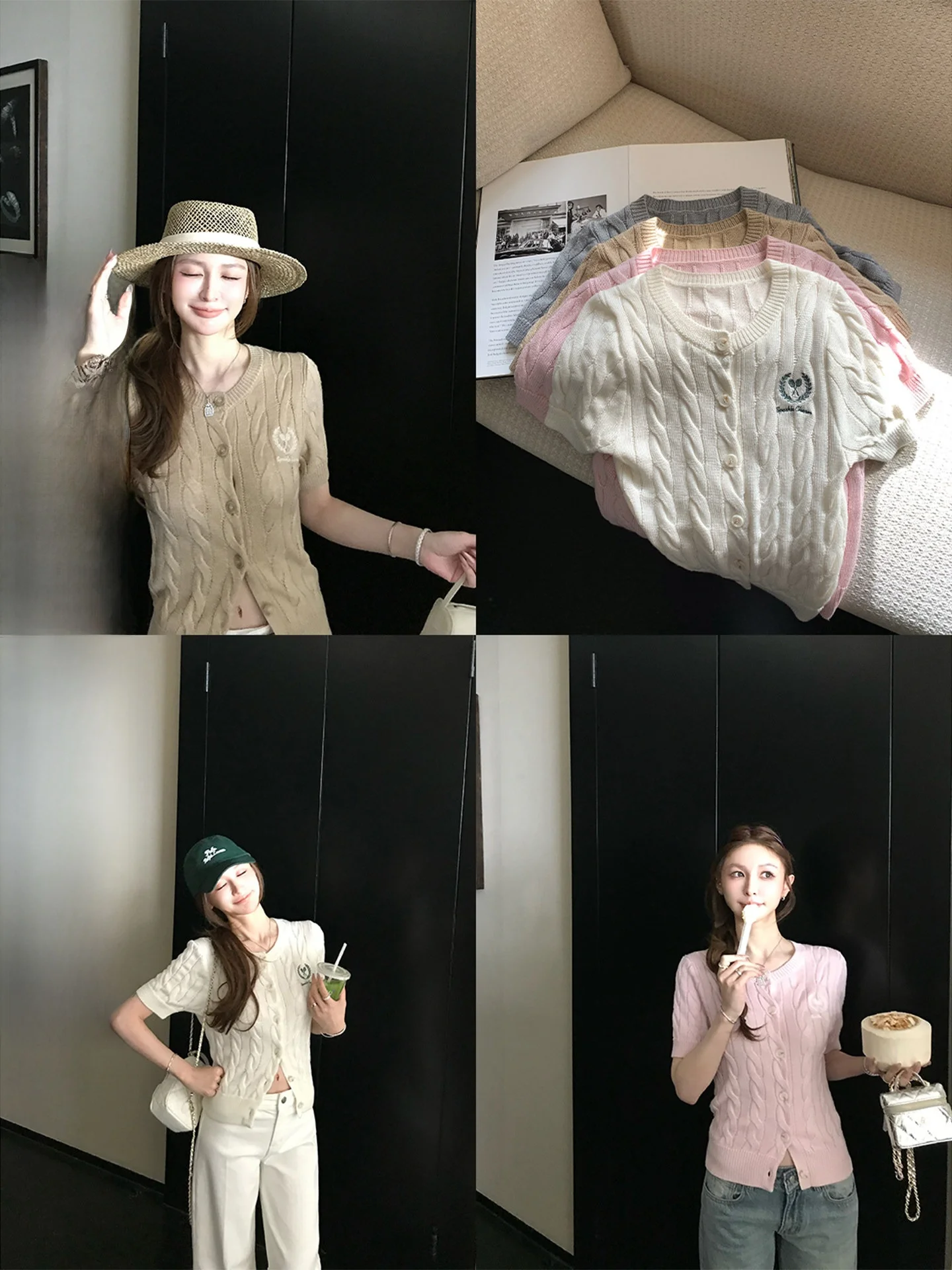 

Skk Store Retro Style Short Sleeve Knitwear Embroidered Wool Silk Blend High Density Twist Flower Design Casual Women's Top