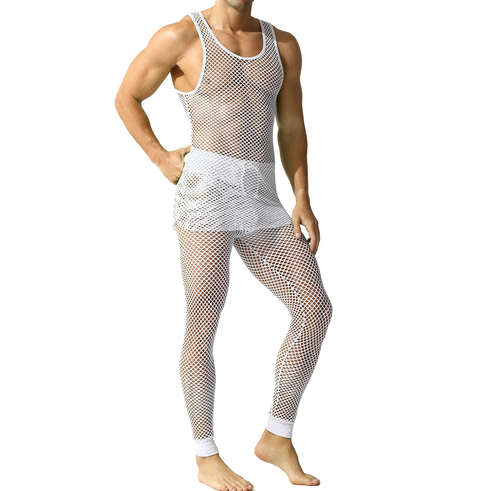 Sexy Fishnet Men's Tank Top Sets Hollow Out Vests + Tight Pants Clothing Set See-through Sports Wear view 4