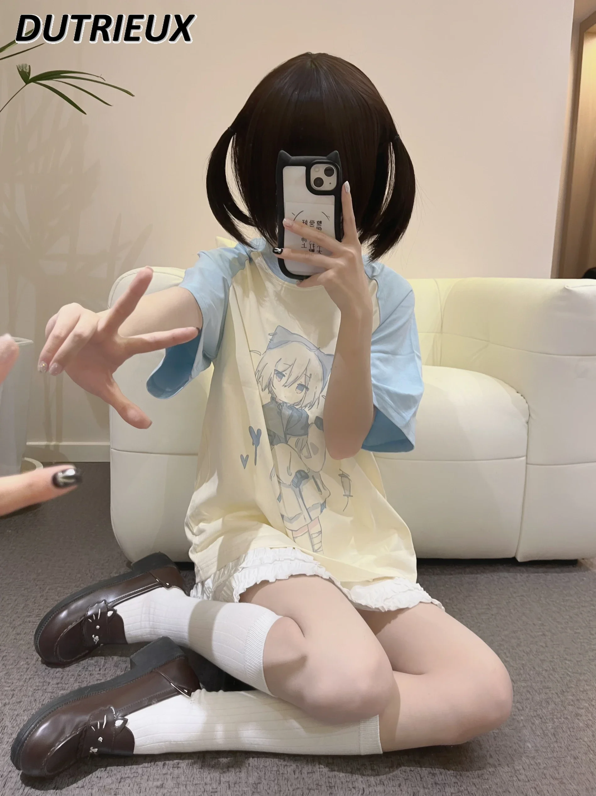 Color Matching Cotton Raglan Short-Sleeved Top Summer New Preppy Style Tees Loose Round Neck All-Matching T-shirt for Women