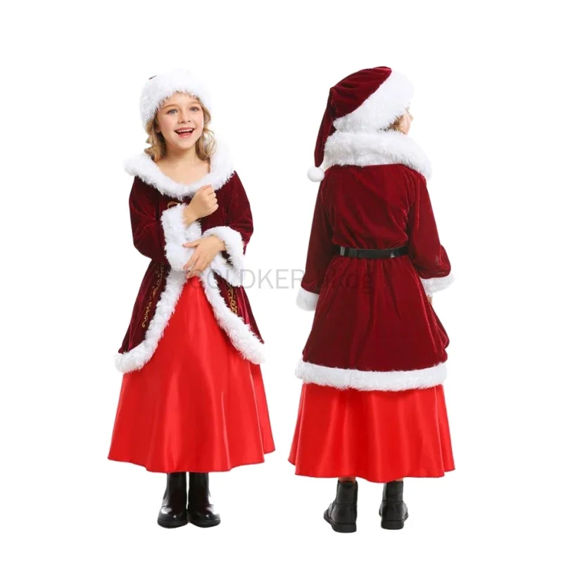 فستان سانتا المطابق لعيد الميلاد للأم والبنت، فستان طويل مخملي أحمر مع حزام مزخرف فروي للنساء والفتيات في عيد الميلاد