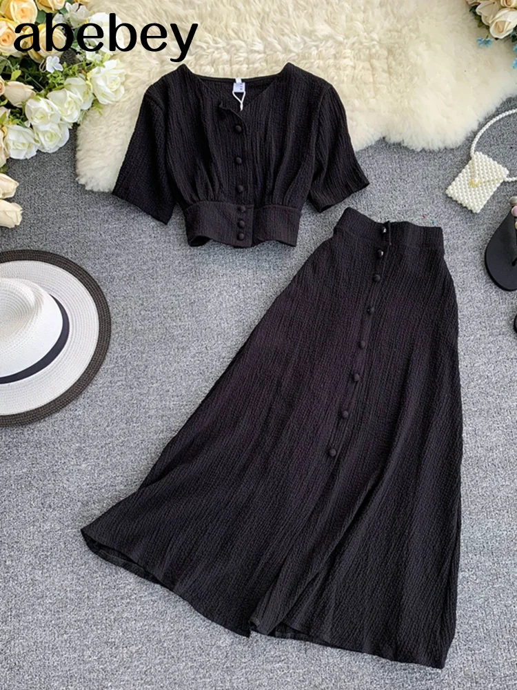 New Women Two Piece Set 2024 Sexy Summer Outfits Woman Clothes Fashion V Neck Crop Top + Slim A-line Long Skirts Suits 2 Pc Sets