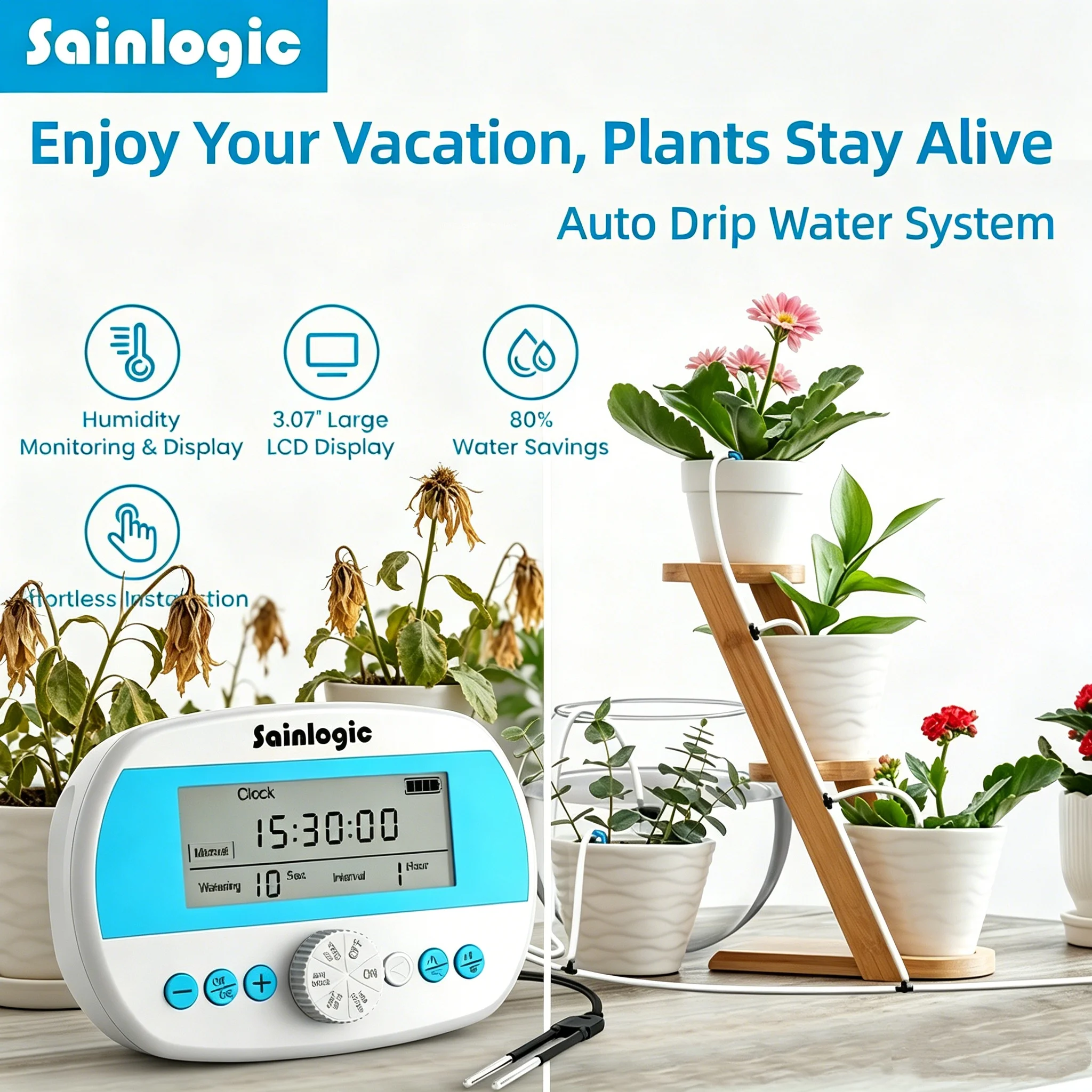 

Sainlogic Drip Irrigation Kit, Auto Plant Watering System, Anti-Siphoning Device, 15 Pots DIY Timer Pump for Indoor Garden