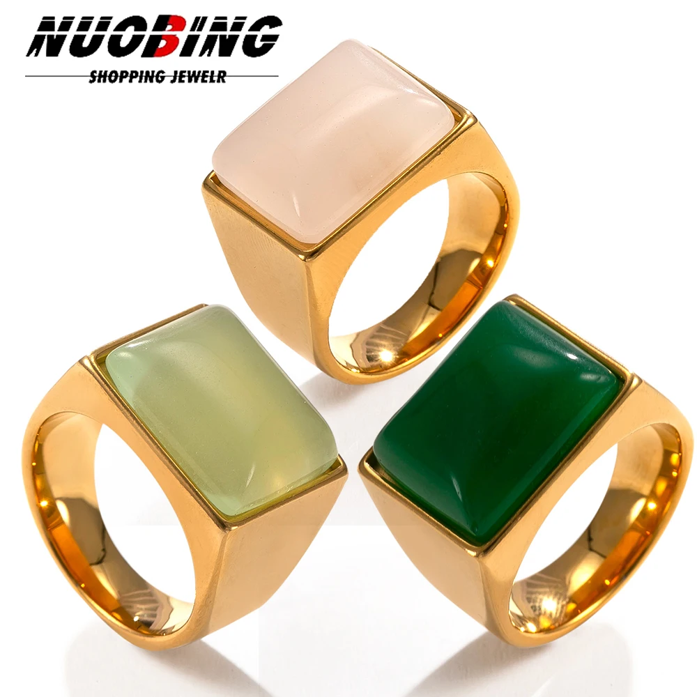 

Rectangle Shiny Cubic Zirconia Stainless Steel Wedding Ring Natural Green Stone Finger Rings For Men Punk Style Party Jewelry