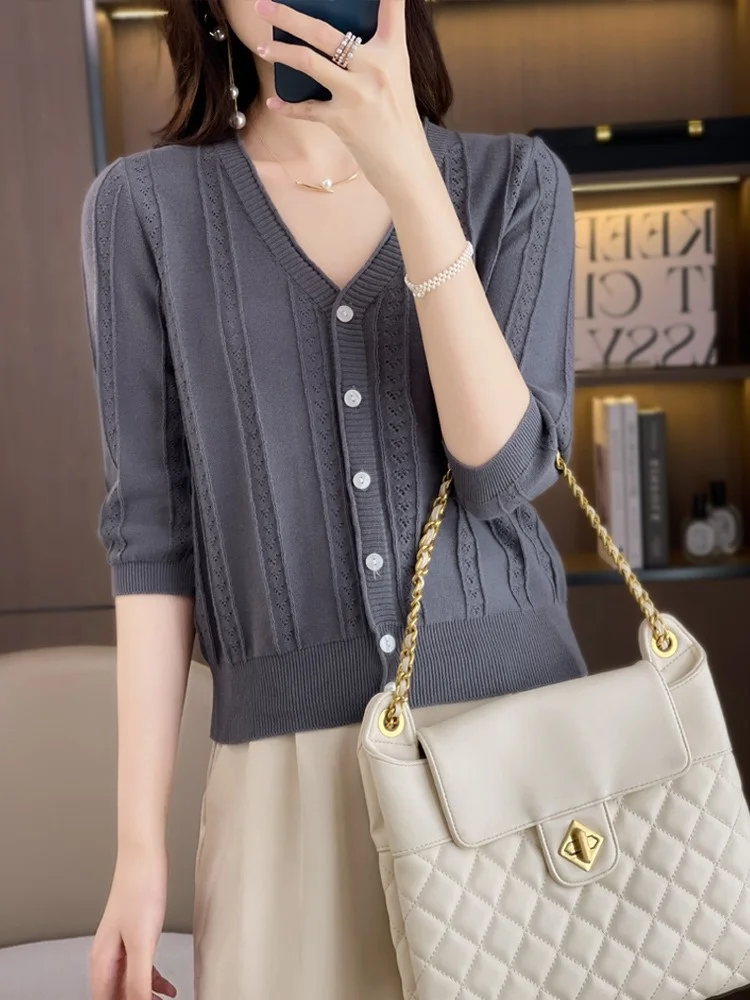 Cardigan aperto ort Sve V-Ne lavorato a maglia in puro cotone Capispalla estivo leggero da donna Vestibilità ampia Lunghezza regolare