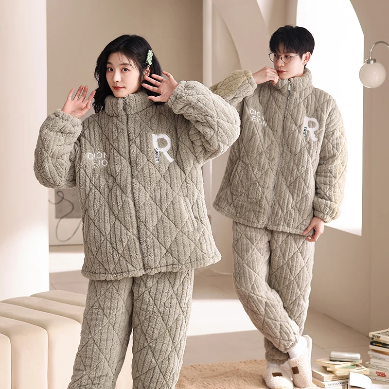 Winter Couple Pajamas Set 3 Layer Clip Cotton Pijama Women and Men Long-Sleeve Thick Homewear