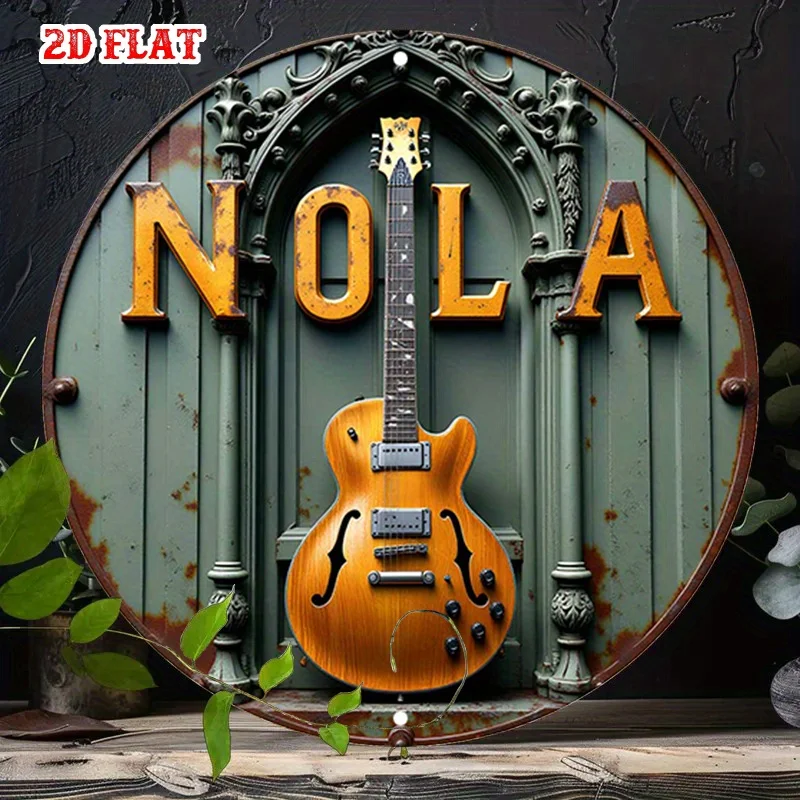 2D Flat, 1pc NOLA Guitar Round Aluminum Sign - Vintage Rustic Metal Wall Art, 7, 8x7, 8 Inch, Iconic New Orleans Music Theme