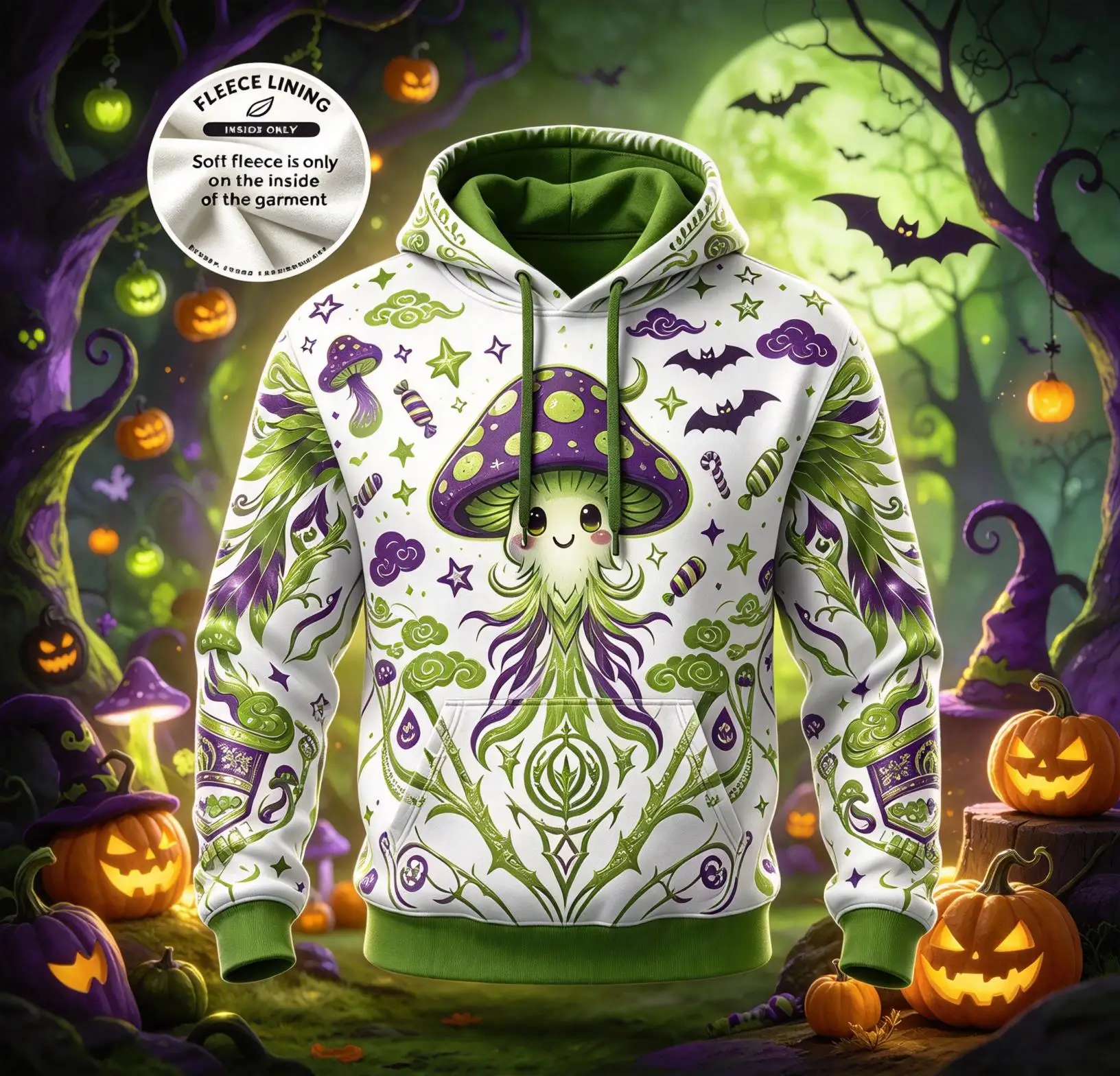 Halloween Magic Forest Hoodie for Men, Cartoon Mushroom Sprite Bat Full Print Pullover, Warm Fleece Lined Casual Outerwear