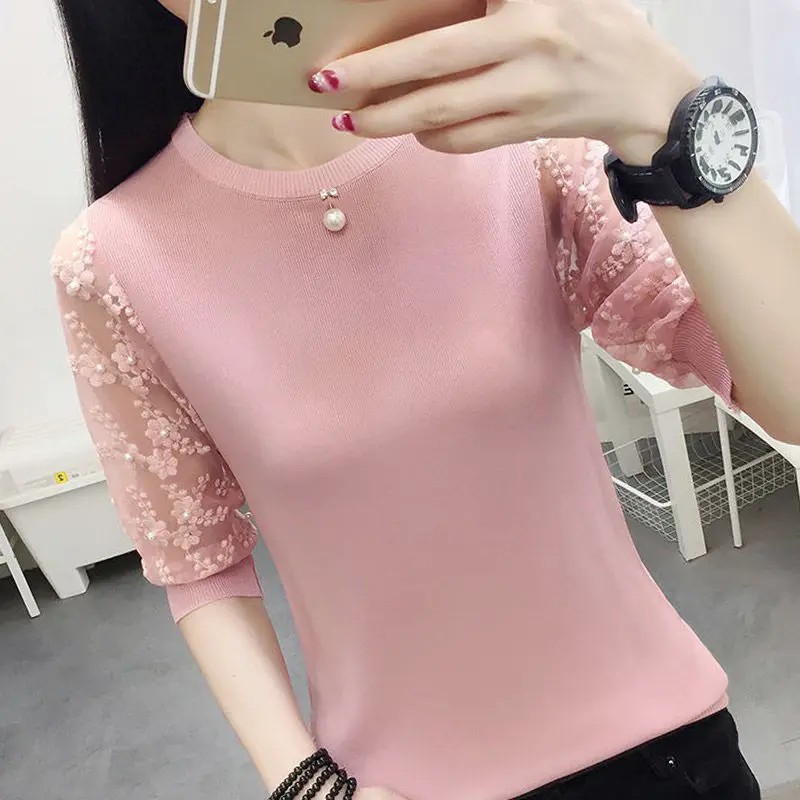 Elegante cor sólida emendado gaze rendas beading blusa roupas femininas 2023 primavera nova oversized coreano pullovers comute camisa