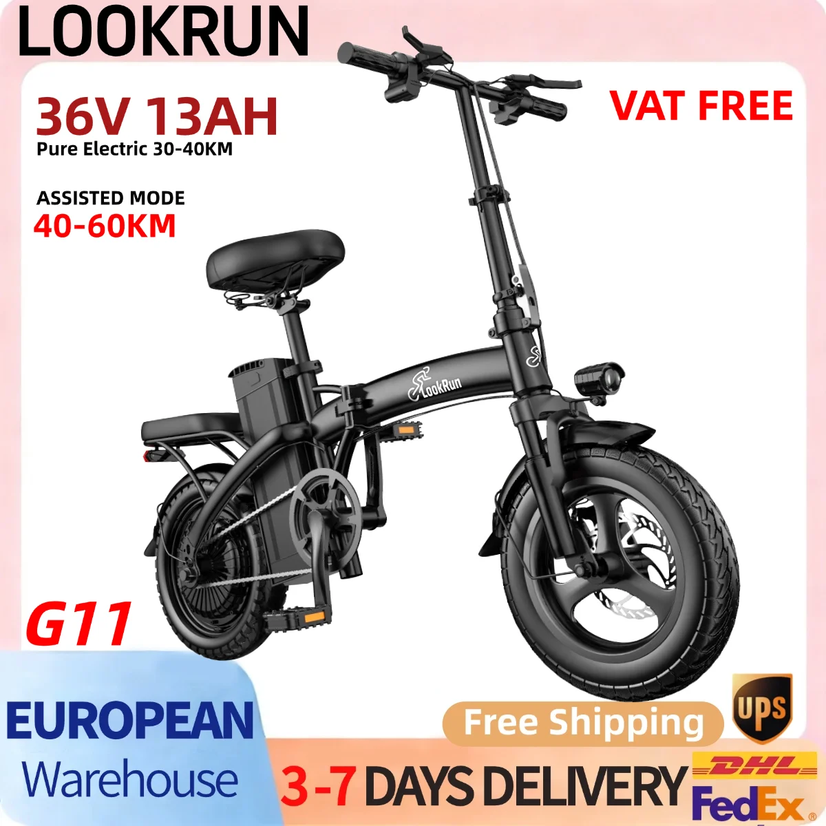 Bicicleta eléctrica Lookrun G11 36V 13Ah para adultos, con neumáticos de 14 x 2,1 pulgadas, modo de asistencia, autonomía de 40 a 60 km, motor sin escobillas, batería de litio extraíble, frenos de disco mecánicos, ideal para desplazamientos diarios en la ciudad, actividades al aire libre y uso general. Envío gratuito.