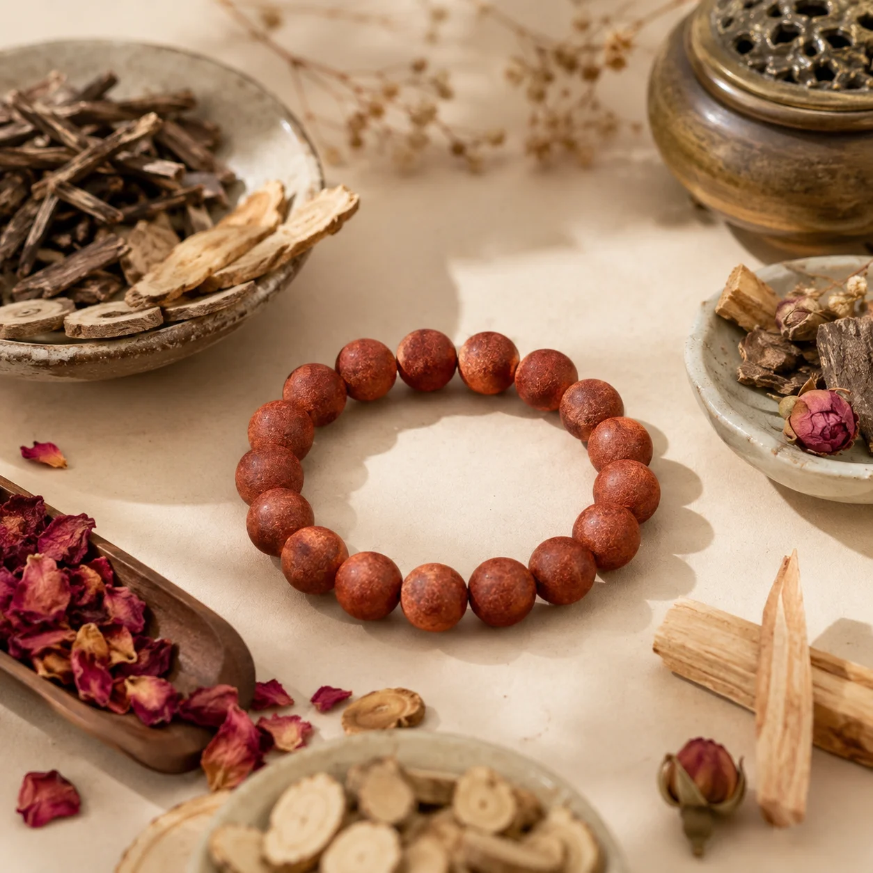 Handcrafted Red Herbal Aroma Bead Bracelet for Women – Natural Incense Scented Oriental Zen Meditation Elastic Stretch Jewelry