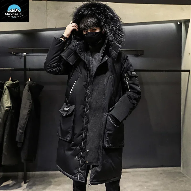 Luxury Long Down Jacket For Men\'s Winter Fashion Casual Fur Collar Hooded Warm Parka Coat Windproof Skiing White Duck Down Coat