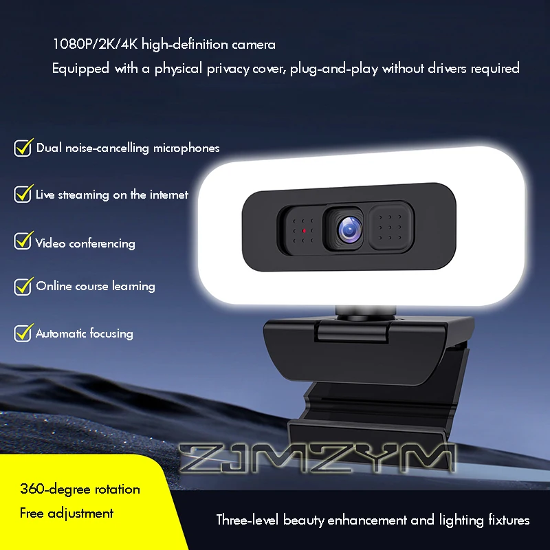 Webcam 4K 2K with Fill Light Portable Webcam for PC Autofocus HD 1080P Computer Camera with Microphone for Streaming/Video