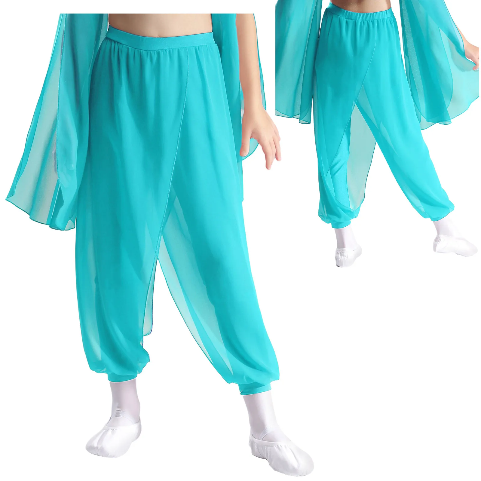 Indische Tanzhose für Kinder und Mädchen, weicher Satin, weites Bein, Pumphose, Ballsaal, Bauchtanzhose für Halloween, Karneval, Tanzaufführung – Detail 26