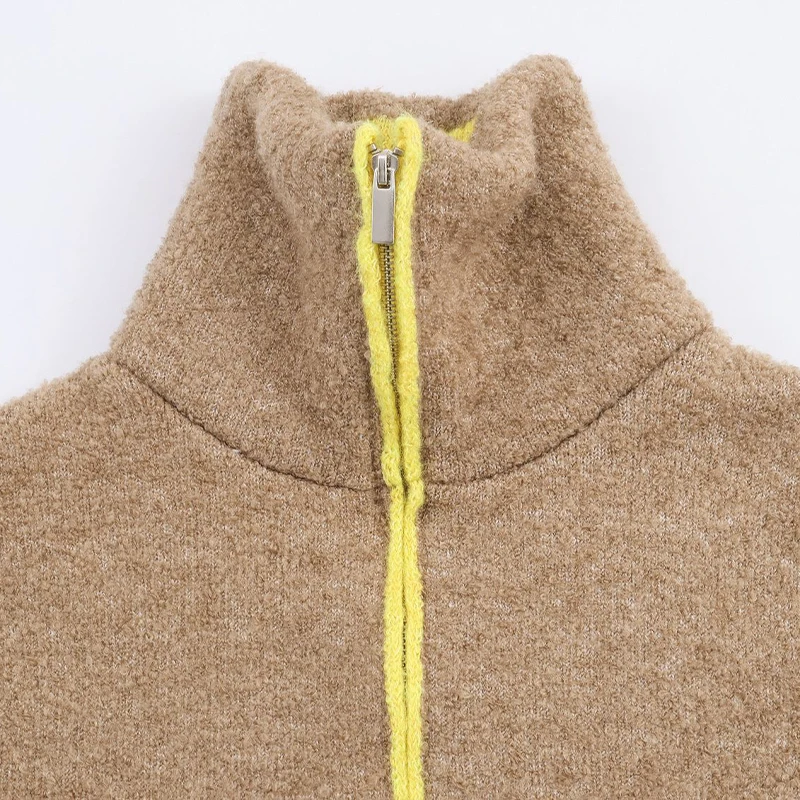 

BKLD 2026 Versatile Vitality Contrast Color Knitted Coat Fashion Casual Women Zip-up Long Sleeve Pockets Patchwork Loose Outwear