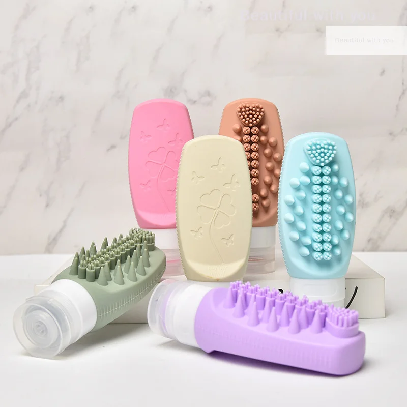 

Travel Shampoo Brush Bottle 2 In 1 With Bristles Exfoliator Sub-Bottling For Washing Hair Refillable Silicone Lotion Container