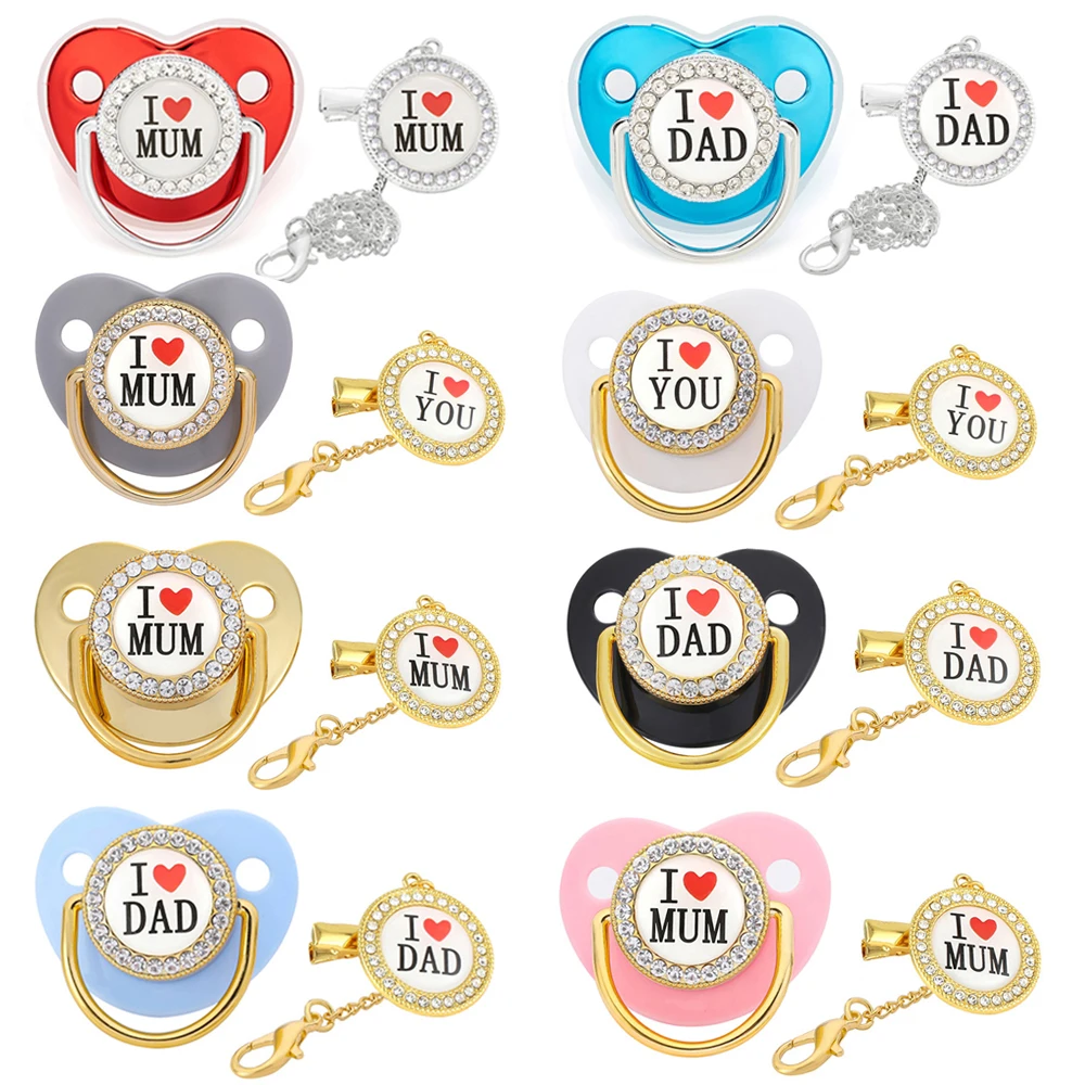 

Fashion Pacifier Baby Shower Gift Rhinestone Pacifier Clips Chain Infant Nipple Newborn Soother Baby Dummy Babies I Love Mum Dad