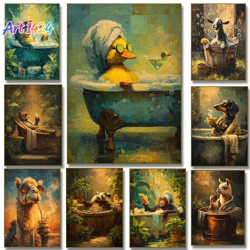 1pc frameless canvas Duck Alligator in Bathtub with Cocktail Camel Llama Leopard Poster Print  Bathroom Decor Cuadros