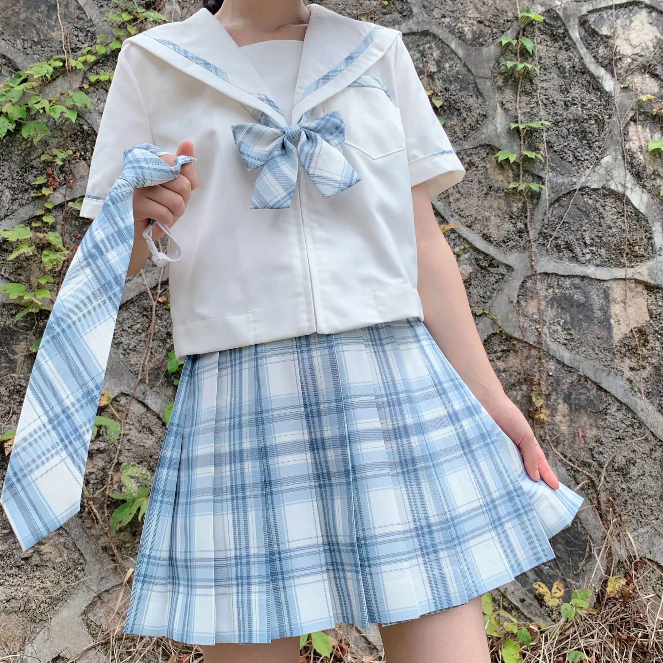 Shinazugawa-uniforme JK Formal para niñas, Falda plisada de cintura alta, manga corta, vestido de cuadros azules, uniforme escolar