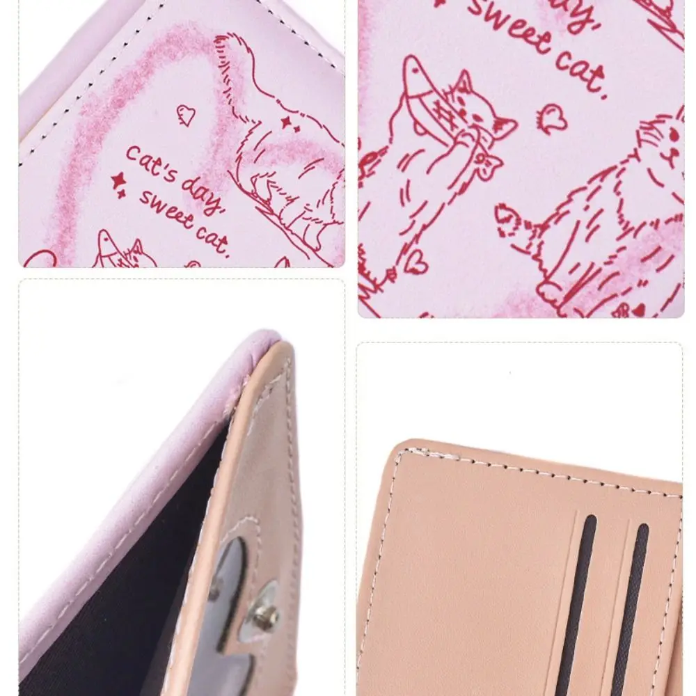 New Graffiti Cat Short Wallets PU Leather With Wrist Straps Money Bag Anti Thief Cat Pendant Card Holders Girl