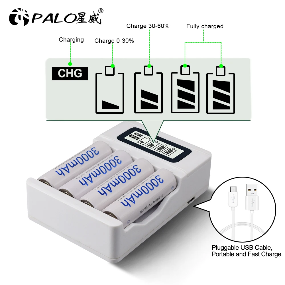 PALO 1.2V AA Rechargeable Batteries 3000mAh aa Ni-MH 100% Original High Capacity Current AA Battery +4 Slots Fast Smart Intellig