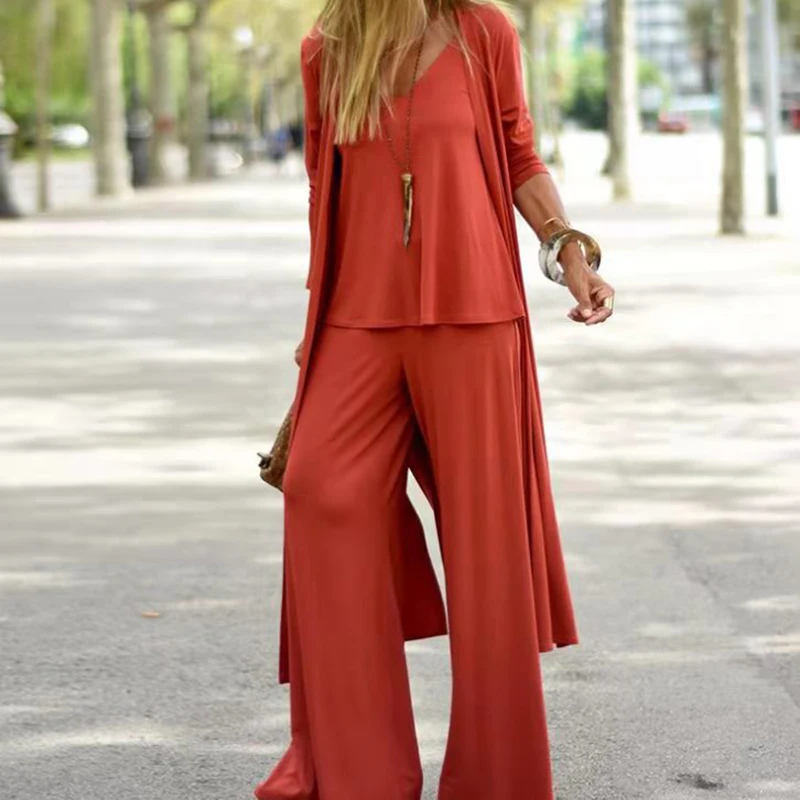 Three Piece Sets Fashion Long Cardigan Cover Up V-Neck Sling Tank Undershirt Whit Straight Pant Suit Causal Loose Solid Sets