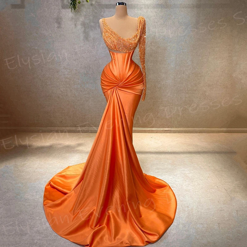 

Pretty Fascinating Orange Women's Mermaid Modern Evening Dresses Sparkling One Shoulder Pleated Prom Gowns Sequined فساتين سهرة