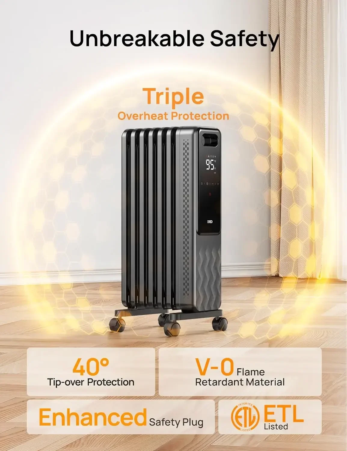 1500W Oil Filled Radiator, Electric Radiant Heaters for indoor use Large Room with Remote Control, Child Lock, 4 Modes