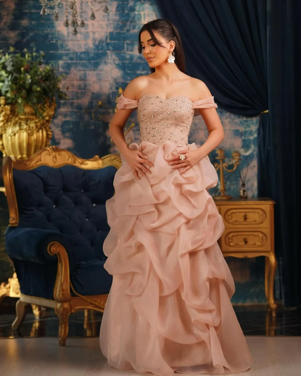 تخصيص جودة عالية الكلاسيكية الأورجانزا حجر الراين الديكور مستقيم خارج على الكتف فساتين طويلة فساتين السهرة الطراز الحديث #1