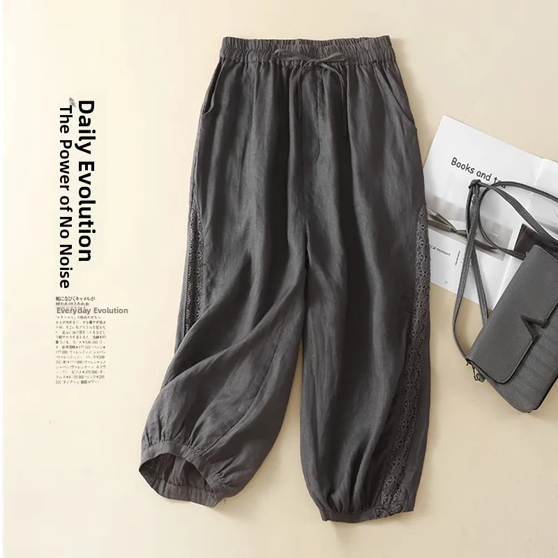 Retro Hollow out Lace Hemp Harlan Pants Women's Loose Lantern Pants Cotton Linen Blend High Waist Nine Patch Summer Thin