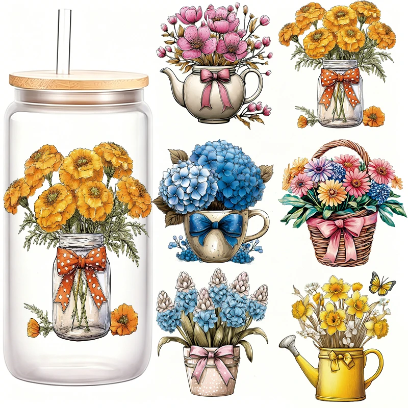 6 pegatinas florales coloridas de transferencia UV con diseño de tulipanes, margaritas y girasoles, hermosas pegatinas de transferencia para tazas.