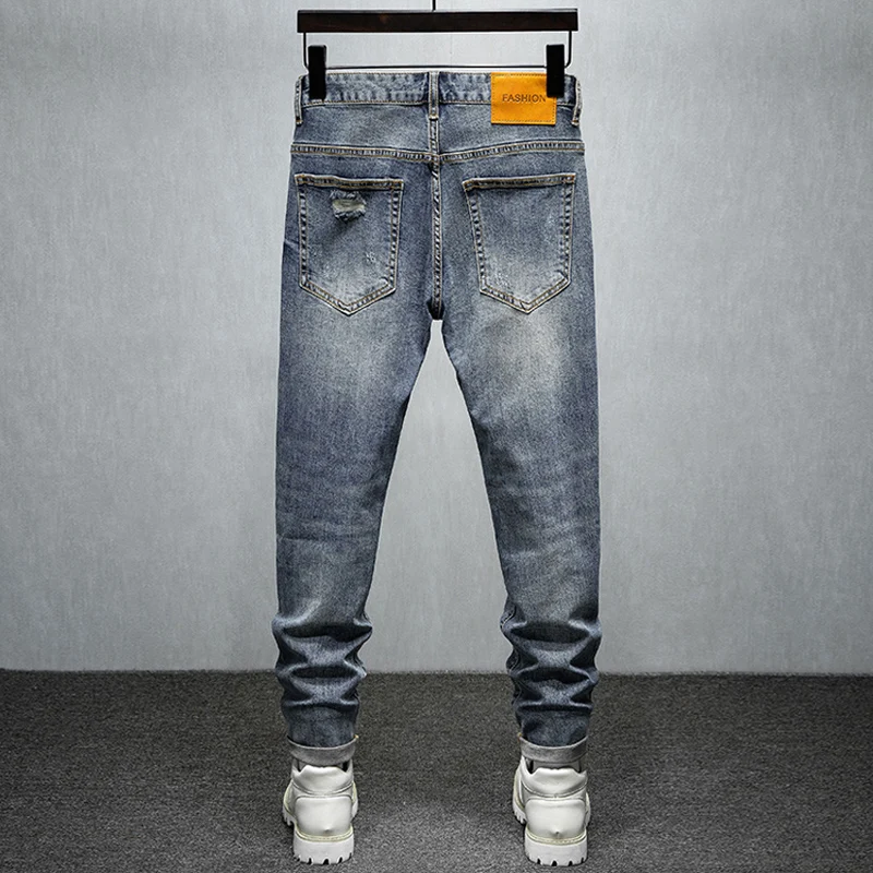 Fashion Designer Men Jeans High Quality Retro Blue Elastic Skinny Fit Hole Ripped Jeans Men Vintage Denim Pencil Pants Hombre