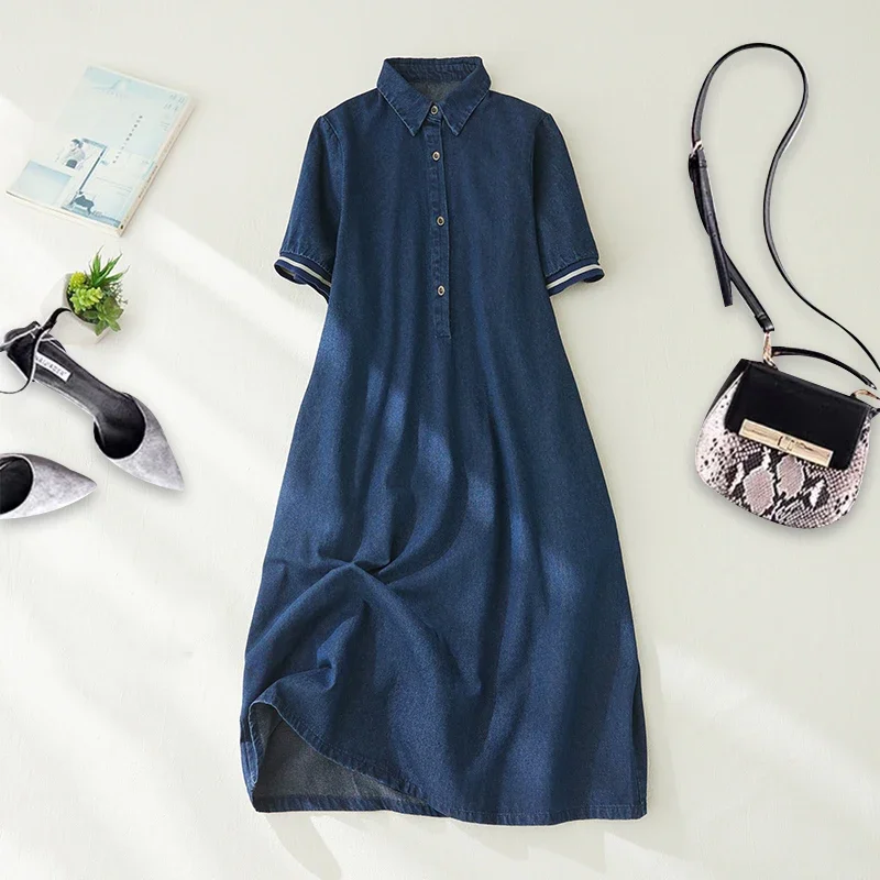 Women's Blue Denim Dress Summer Fashion Short Sleeve Polo Neck Vintage Mid-long French Style Elegant Basic Casual Slim Fit Frock