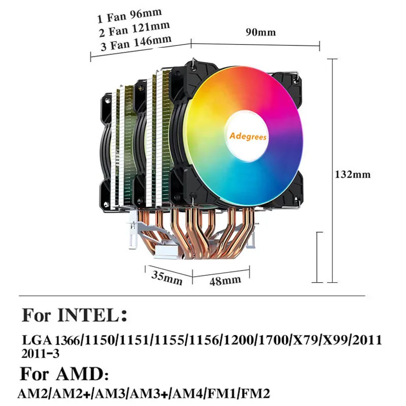 Adegrees 90MM CPU Cooler 6 Heatpipes 4PIN PWM ARGB for LGA Intel 1366 1155 1150 1151 1200 1700 2011 X79 X99 AMD AM3 AM4 AM5