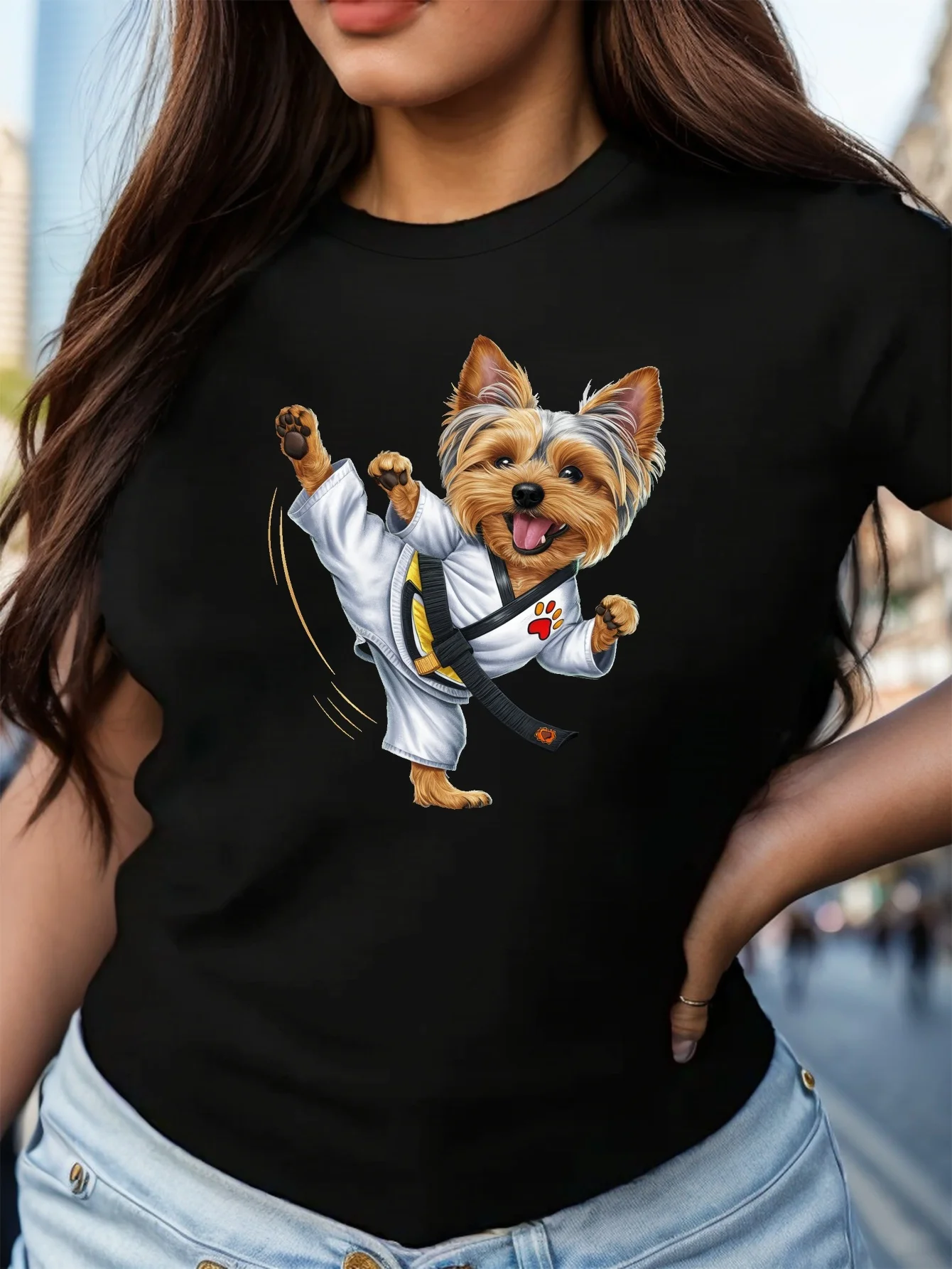 Yorkshire Terrier Martial Arts Print T-shirt Short Sleeve Crew Neck Leisure T-shirt For Spring & Summer Women\'s Clothing