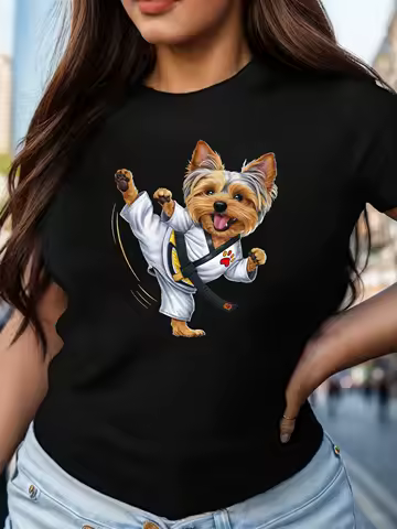 Yorkshire Terrier Martial Arts Print T-shirt Short Sleeve Crew Neck Leisure T-shirt For Spring &amp; Summer Women's Clothing