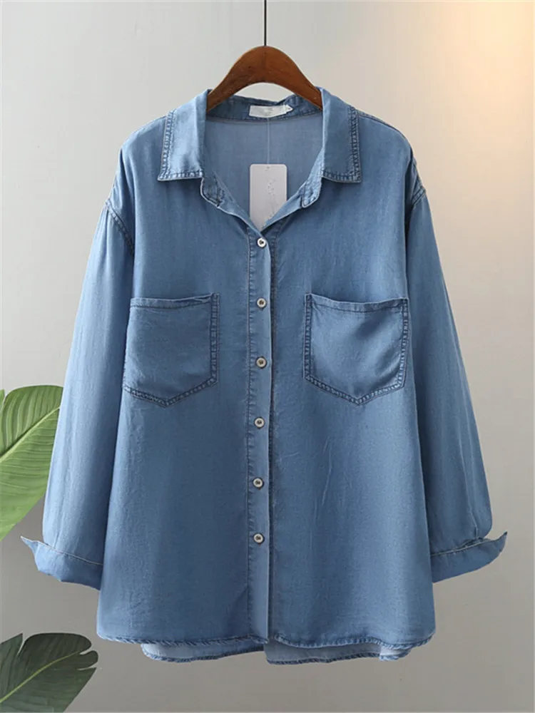 

Plus Size Women's Clothing Blouses＆Shirt Spring And Autumn Denim Shirt Long-Sleeved Lapel Shirt Thin Soft Basic Shirts Oversize