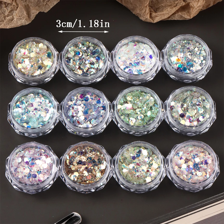12 pièces sirène brillant hexagone Nail Art paillettes paillettes holographique poudre à ongles mixte Laser chatoyant manucure décoration fournitures